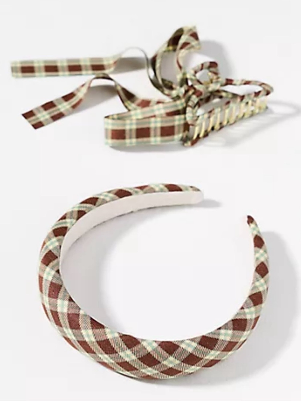 NWT Anthropologie Plaid Beadband & Hair Claw in Brown/green